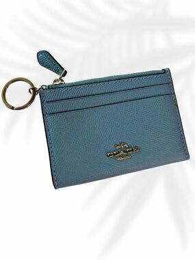 Coach Teal Blue Pebble Leather Card Holder with Gold Keyring
